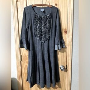 Rabbit Designs charcoal gray midi dress with ruffle accents and bell sleeves